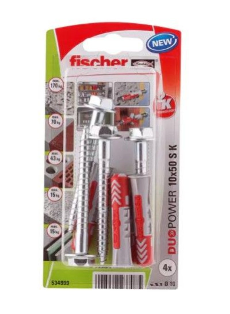 Fischer Fischer Universal Plug 10 x 50mm + Hexagonal Screw 4Pcs DUOPOWER 10X50 S K NV 534999