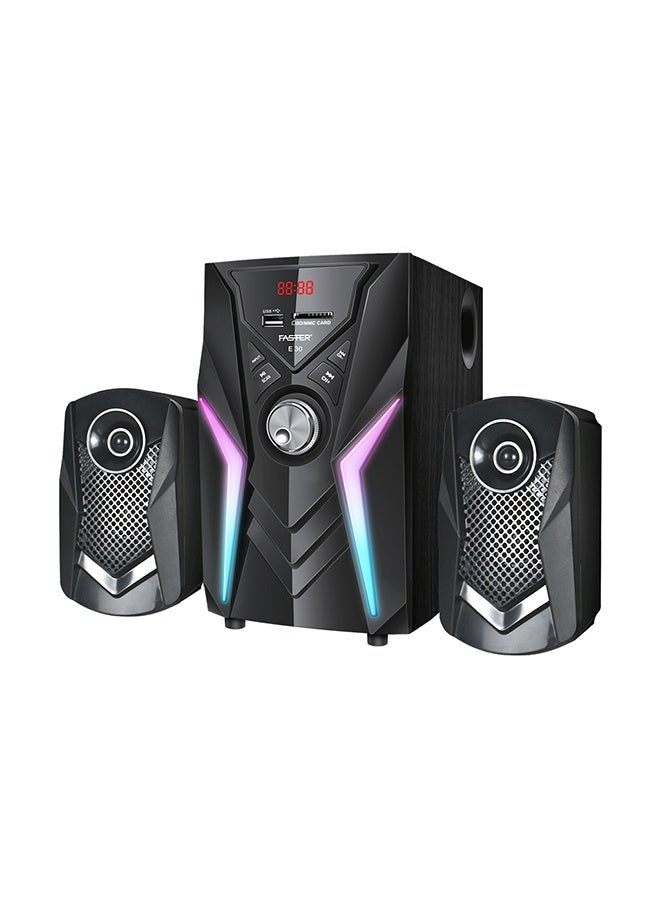 Faster E30 2.1 Wired Channel Speaker System, 45W Subwoofer with 2 Speakers, Bluetooth 5.4, RGB Lights, Remote Control, USB/SD/AUX/FM – Home Theater & Multimedia - Image 1