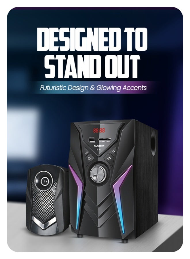 Faster E30 2.1 Wired Channel Speaker System, 45W Subwoofer with 2 Speakers, Bluetooth 5.4, RGB Lights, Remote Control, USB/SD/AUX/FM – Home Theater & Multimedia - Image 3