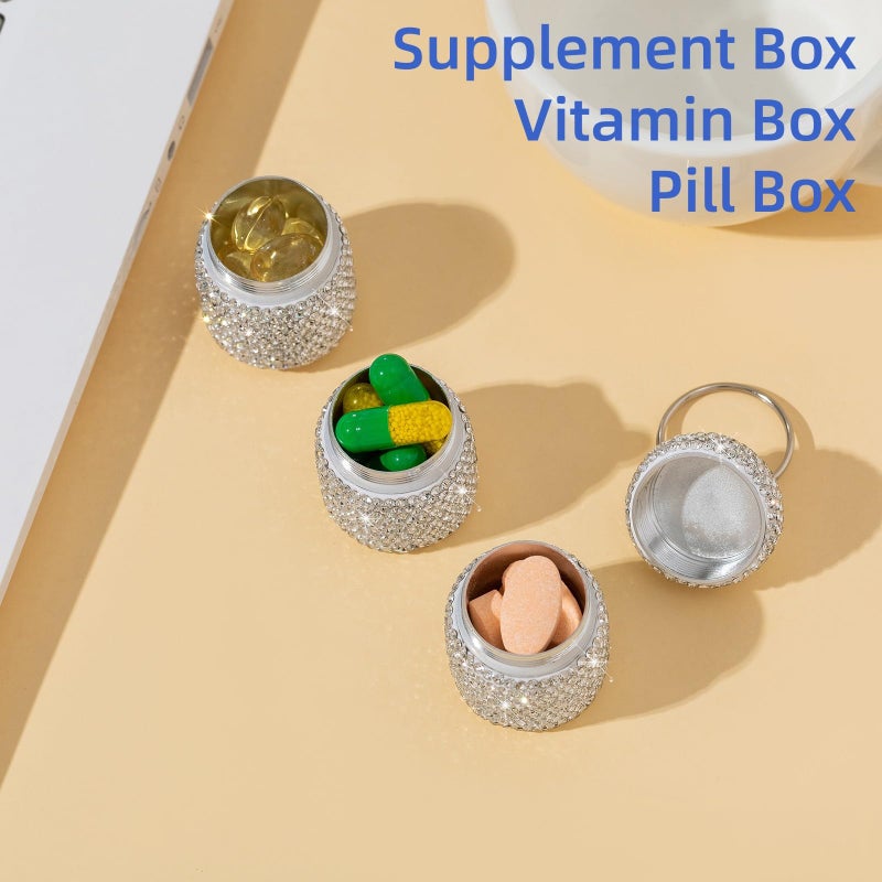 Veseek Keychain Pill Holder Box Travel Small Pill Case Bling Portable Purse Medicine Case Container Metal Pill Organizer Fob for Vitamin Medicine(Silver) - Image 4