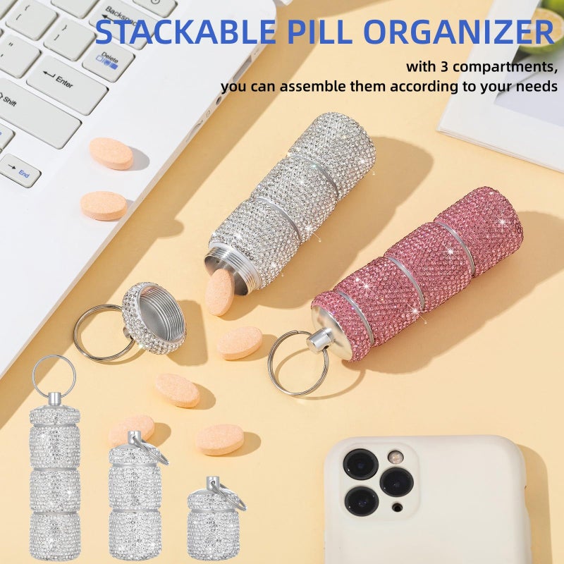 Veseek Keychain Pill Holder Box Travel Small Pill Case Bling Portable Purse Medicine Case Container Metal Pill Organizer Fob for Vitamin Medicine(Silver) - Image 3