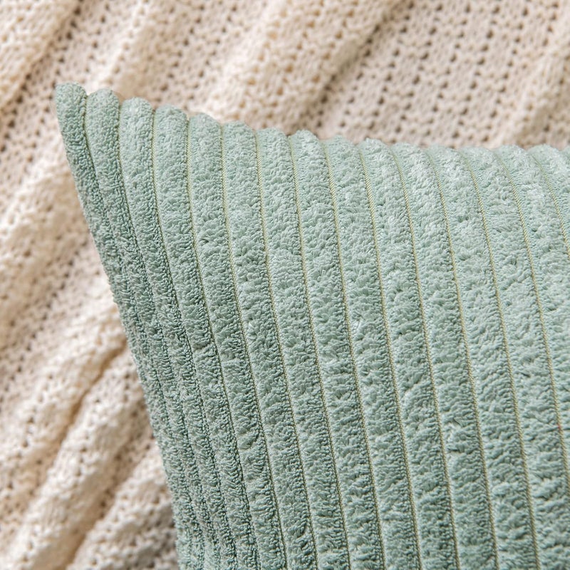 EMEMA Pack of 2 Corduroy Throw Pillow Covers Decorative Soft Striped Square Cushion Cases Pillowcases Spring for Couch Sofa Bedroom Chair Car 16x16 Inch Sage Green - Image 2