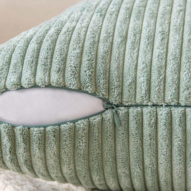 EMEMA Pack of 2 Corduroy Throw Pillow Covers Decorative Soft Striped Square Cushion Cases Pillowcases Spring for Couch Sofa Bedroom Chair Car 16x16 Inch Sage Green - Image 3