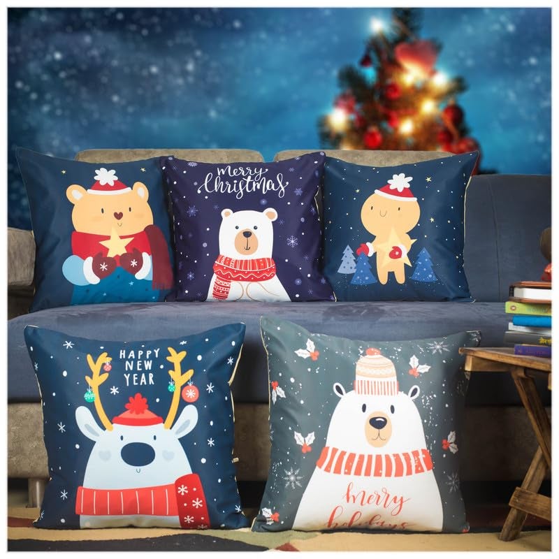 Vendola Merry Christmas Decorative Printed Satin Cushion/Throw/Pillow Covers (Multicolour) Set of 5 Pieces (Christmas Bears,16 X 16 Inches) - Image 1