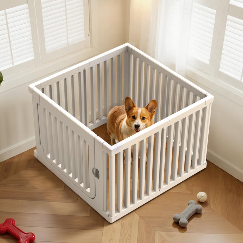 Jatindear 23.6â€œ H Plastic Dog Playpen, 7 Panels Expandable & Durable Pet Fence - Indoor & Outdoor Portable with Secure Locking Door, Durable Safety Play Pen with Puppy, Cat, Small Animal(White) - Image 1