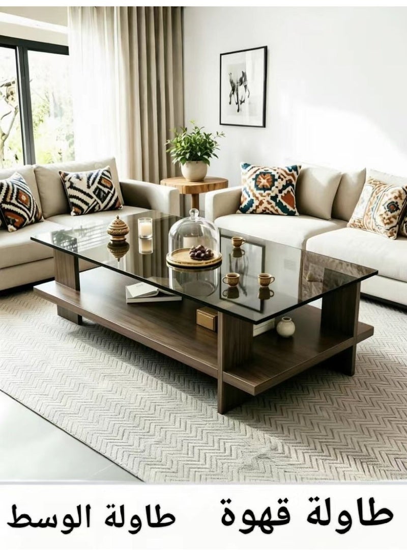 ChenDa Double-layer Tempered Glass Coffee Table, Modern Minimalist Style For Living Room & Office, Grey Oak, 100×50×41cm - Image 1