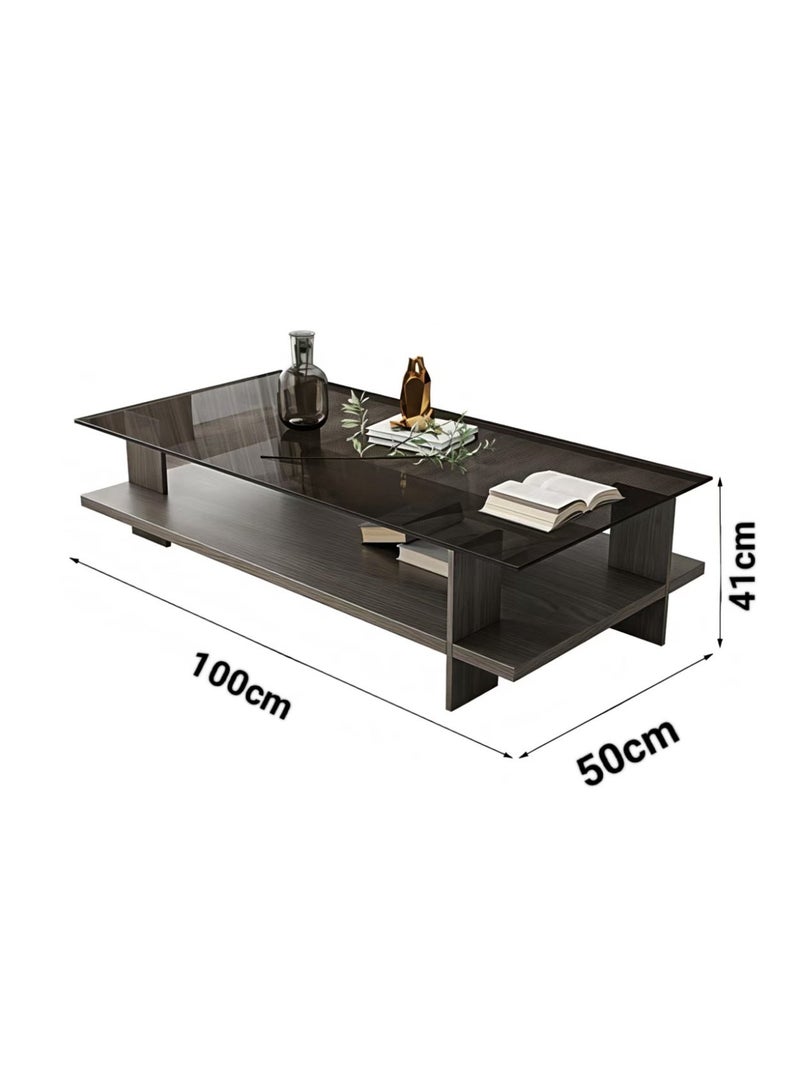 ChenDa Double-layer Tempered Glass Coffee Table, Modern Minimalist Style For Living Room & Office, Grey Oak, 100×50×41cm - Image 2