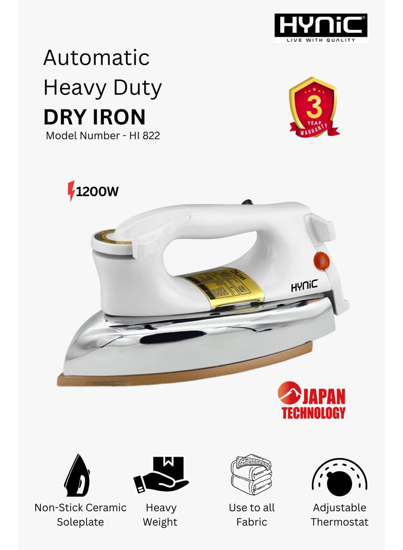 Hynic 1200W Automatic Heavy Duty Dry Iron for All Fabrics (Model HI 822) – Non-Stick Gold-Plated Ceramic Soleplate, 60 Microns Teflon Coating, 360° Swivel Cord, Overheat Protection & Automatic Cutoff – White/Chrome - Image 1