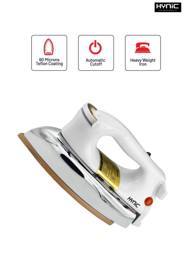 Hynic 1200W Automatic Heavy Duty Dry Iron for All Fabrics (Model HI 822) – Non-Stick Gold-Plated Ceramic Soleplate, 60 Microns Teflon Coating, 360° Swivel Cord, Overheat Protection & Automatic Cutoff – White/Chrome - Image 4
