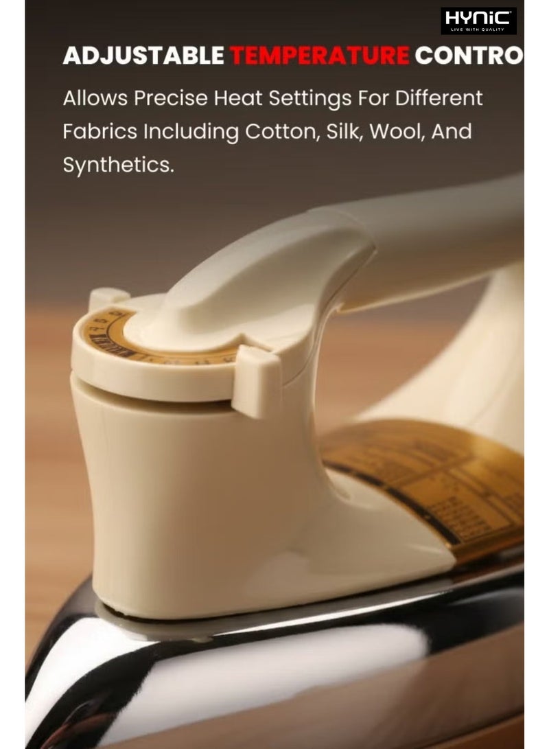 Hynic 1200W Automatic Heavy Duty Dry Iron for All Fabrics (Model HI 822) – Non-Stick Gold-Plated Ceramic Soleplate, 60 Microns Teflon Coating, 360° Swivel Cord, Overheat Protection & Automatic Cutoff – White/Chrome - Image 5