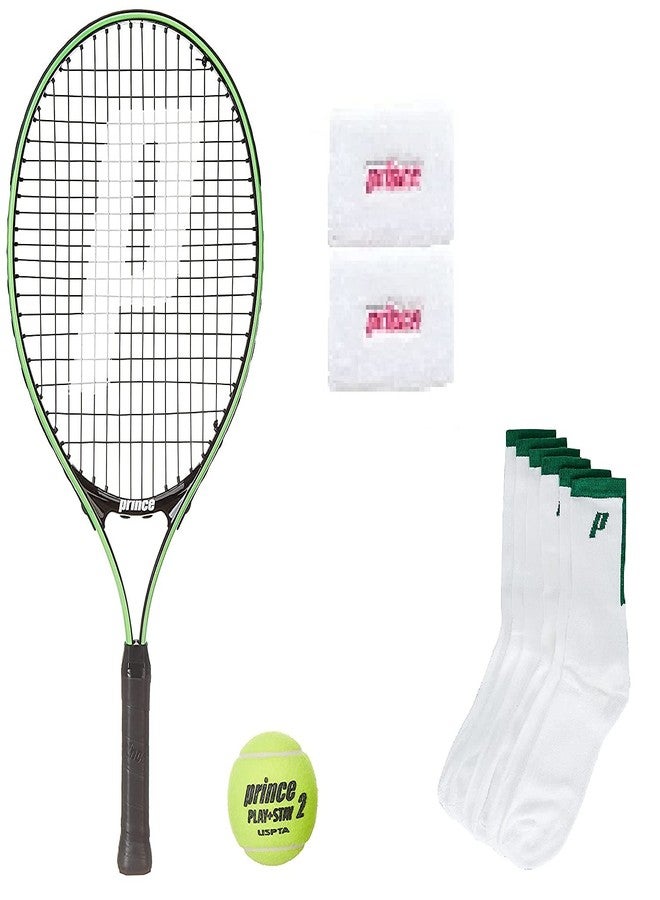 برنس مضرب تنس برينس تور 23 مع 12 كرة تنس برتقالية من المرحلة 2، وجوارب برينس بيضاء، وسوار معصم أبيض/أخضر. - Image 2