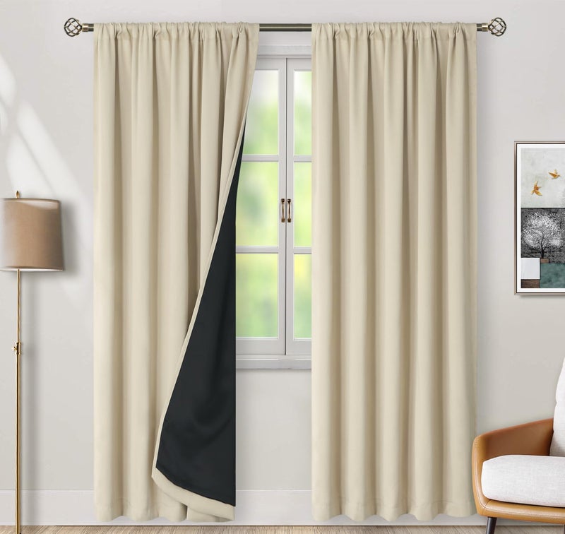 BGment BGURE BEIGE 100 ٪ تعتيم الستائر لغرفة النوم 78 بوصة أسود خارج لوحات غرفة المعيشة مع جيب قضيب البطانة الحرارية وعلامة التبويب الخلفية غرفة مزدوجة الستائر 2 لوحات كل 52 × 78 بوصة - Image 2