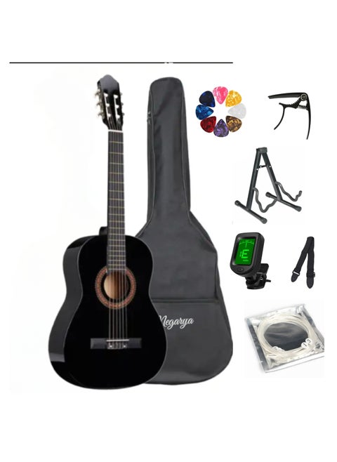 34” Classical Guitar with Nylon Strings Acoustic Guitar with Truss Rod for Beginner Professional with Bag, Capo, Strings, Picks, Tuner and A Frame (Black)