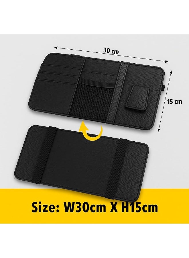 Leather Car Visor Organizer – PU Leather Sun Visor Storage with Card Slots, Mesh Pocket, Magnetic Sunglasses Clip, and Pen Holder – Universal Fit for Cars and SUV (Stripped Black) - Image 4