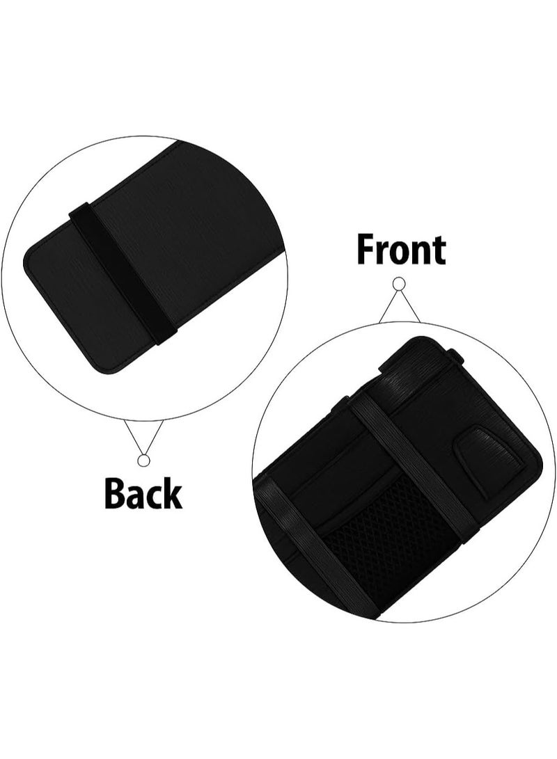 Leather Car Visor Organizer – PU Leather Sun Visor Storage with Card Slots, Mesh Pocket, Magnetic Sunglasses Clip, and Pen Holder – Universal Fit for Cars and SUV (Stripped Black) - Image 3