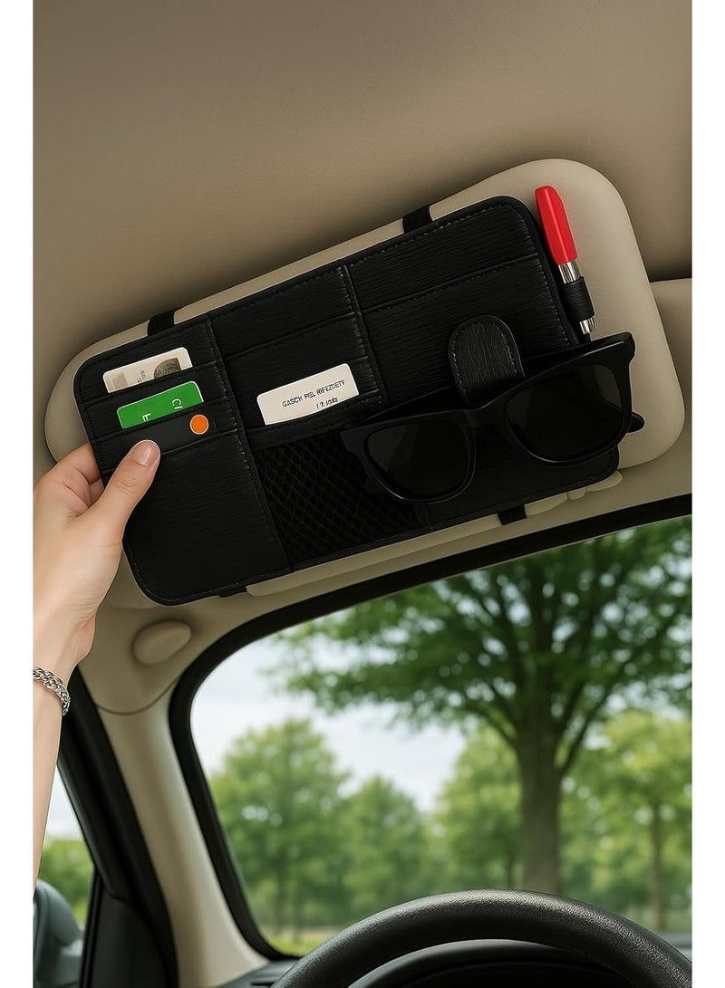 Leather Car Visor Organizer – PU Leather Sun Visor Storage with Card Slots, Mesh Pocket, Magnetic Sunglasses Clip, and Pen Holder – Universal Fit for Cars and SUV (Stripped Black) - Image 5