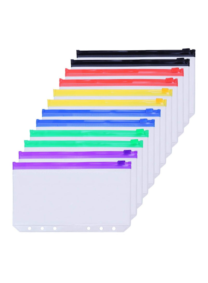 KASTWAVE 12PCS A5 Binder Pockets, 6 Holes Zipper Envelopes Planner Inserts Binder Pouch for 6-Ring Notebook Binder, KASTWAVE Waterproof PVC Loose Leaf Bags Document Folders Filing Bags, Multicolor  - Image 1