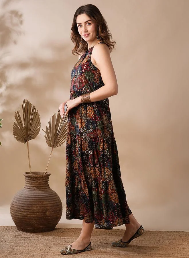 globus Globus Women Printed Collared Tiered Maxi Dress with Button Front