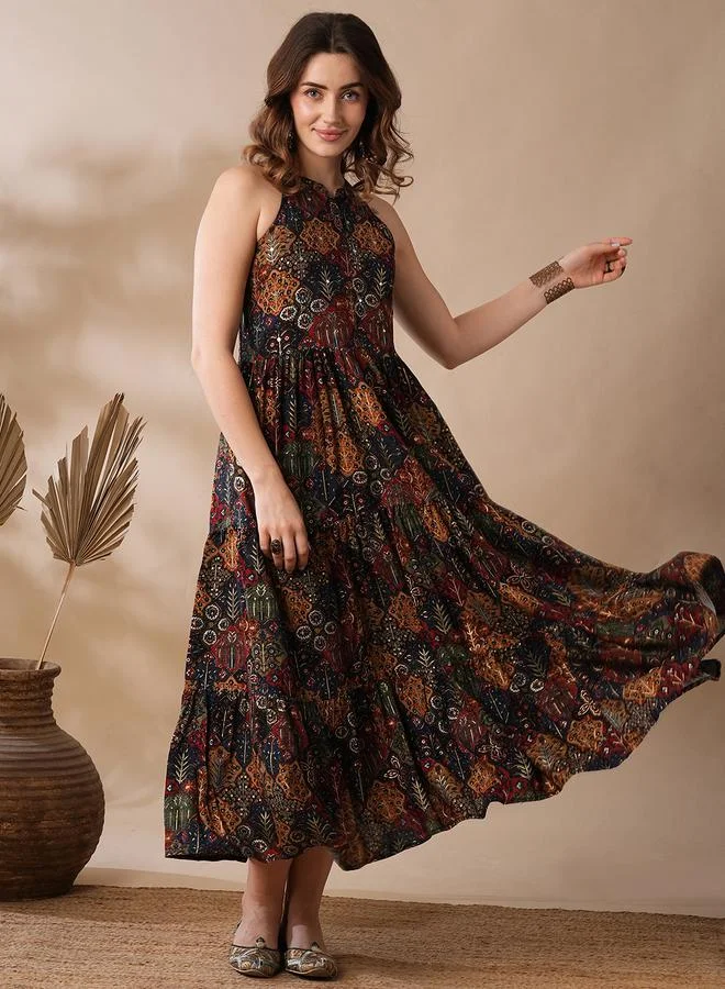 globus Globus Women Printed Collared Tiered Maxi Dress with Button Front