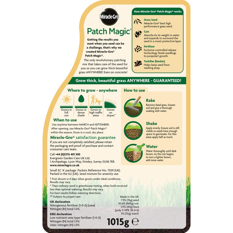 Miracle-Gro Patch Magic Grass Seed, Feed and Coir, 1015 g, Green - Image 2