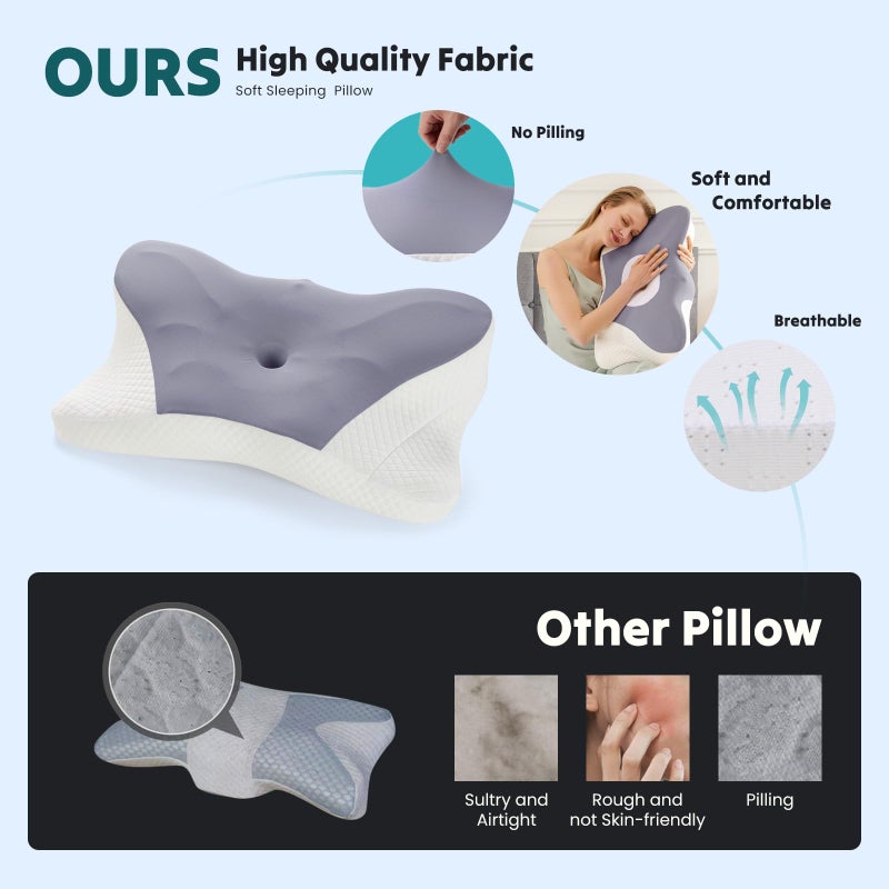 DUMOS Cervical Neck Pillow, Cooling Ergonomic Memory Foam Pillows for Neck Pain Relief with Breathable Pillowcase, Dual Height Orthopedic Support Contour Pillow for Side, Back, Stomach Sleepers, Grey - Image 2