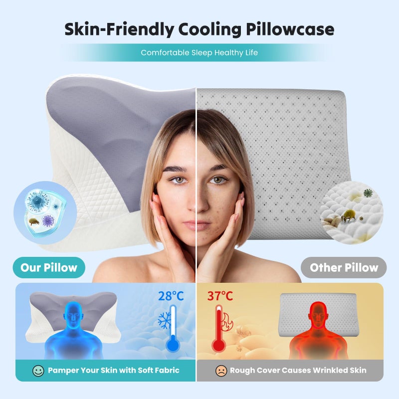 DUMOS Cervical Neck Pillow, Cooling Ergonomic Memory Foam Pillows for Neck Pain Relief with Breathable Pillowcase, Dual Height Orthopedic Support Contour Pillow for Side, Back, Stomach Sleepers, Grey - Image 3