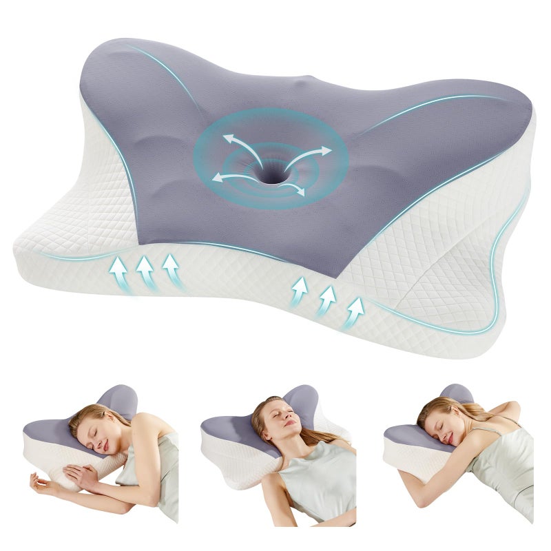 DUMOS Cervical Neck Pillow, Cooling Ergonomic Memory Foam Pillows for Neck Pain Relief with Breathable Pillowcase, Dual Height Orthopedic Support Contour Pillow for Side, Back, Stomach Sleepers, Grey - Image 1