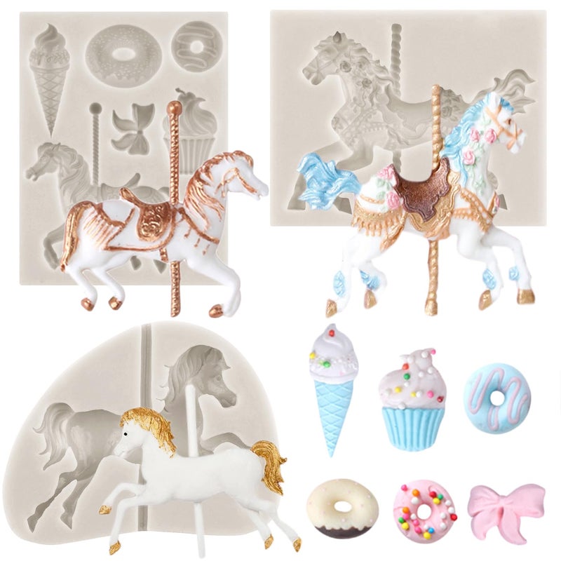 MINFEIDMS Carousel Horse Silicone Fondant Molds Merry-Go-Round Chocolate Gum Paste Molds For Cake Decorating Cupcake Topper Chocolate Candy Gum Paste Set Of 3 - Image 1