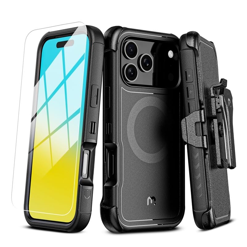 M MYBAT PRO for iPhone 17 Pro Case with Belt Clip Holster,[Compatible with Magsafe] w/Screen Protector,Anti-Drop,Shockproof,w 360Â°Rotating Kickstand,Heavy Duty Protection (Black) - Image 1