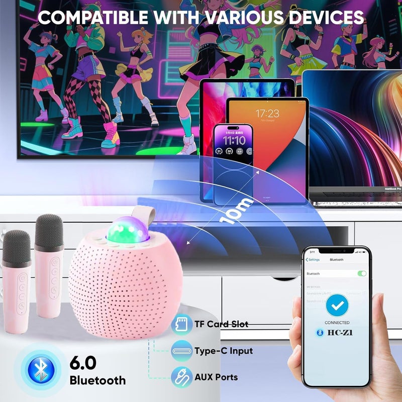 بيلكو سمارت آلة كاريوكي PylcoSmart مع ضوء LED ديسكو للبالغين والأطفال، مكبر صوت كاريوكي بلوتوث مع 2 ميكروفون لاسلكي، ألعاب ميكروفون للأطفال للحفلات المنزلية العائلية، هدية عيد ميلاد (وردي مع LED ديسكو) - Image 4