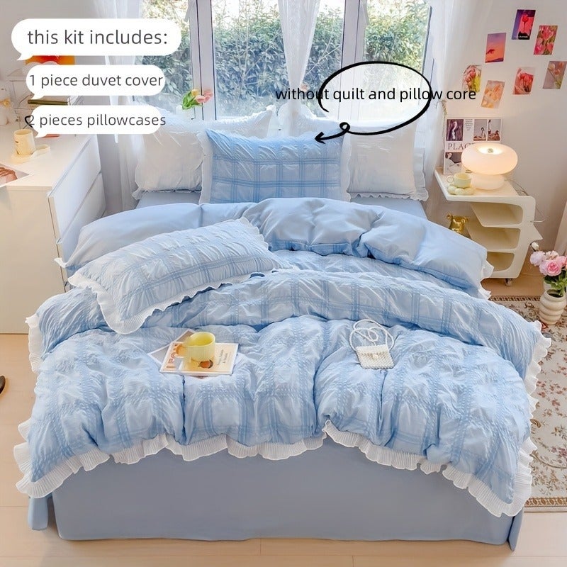 Princess Lace Bedding Set 3pcs Plaid Quilt Cover and Pillowcase - Image 1