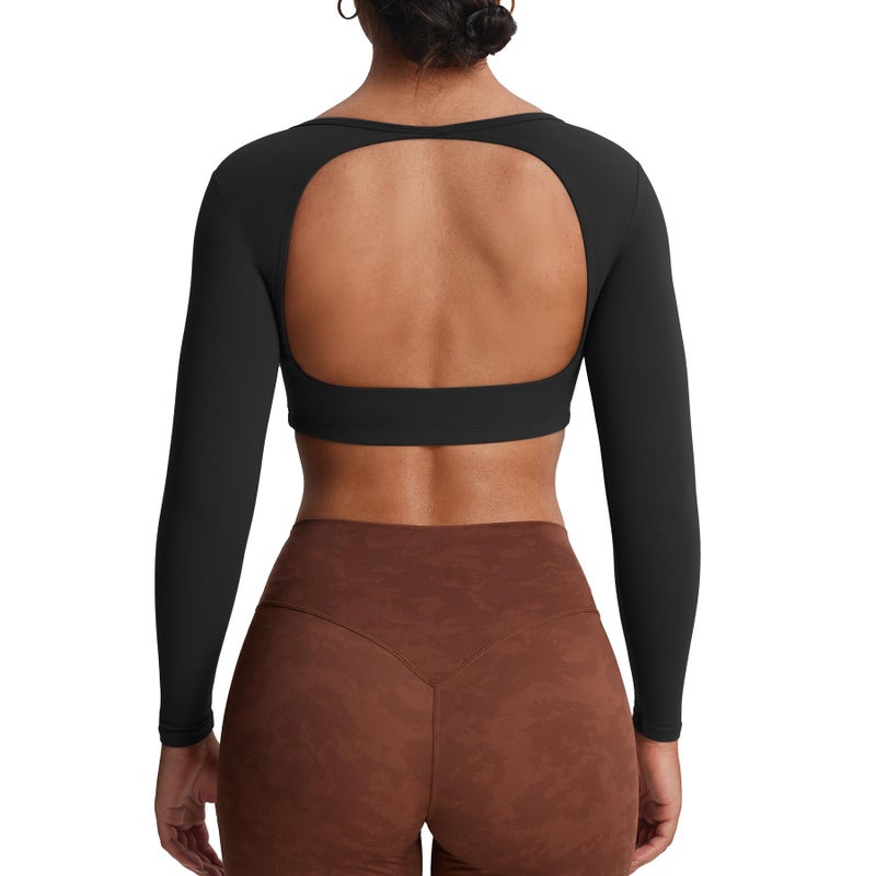 Aoxjox Workout Long Sleeve Crop Tops for Women Clarissa Backless Gym Cropped T Shirt Top (Black, Small) - Image 1