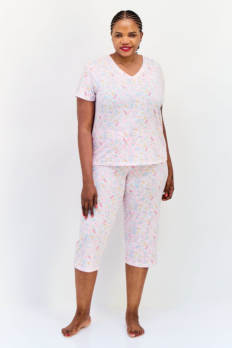 Celestial Dreams Women 2 Pieces Plus Size Floral Print Top And Pajama Set, Multicolor - Image 1