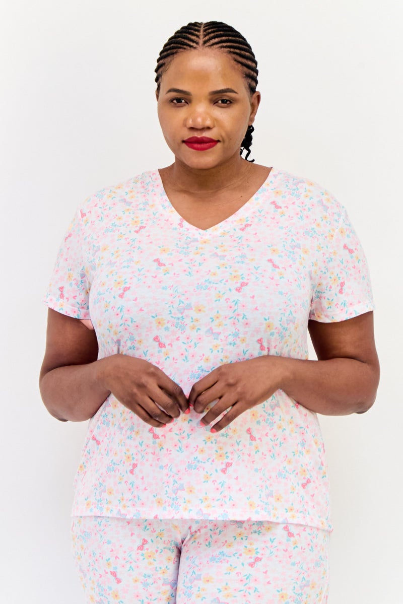 Celestial Dreams Women 2 Pieces Plus Size Floral Print Top And Pajama Set, Multicolor - Image 2