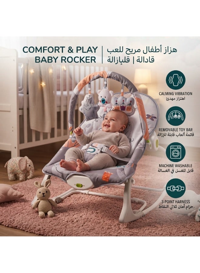 Mababy 3-in-1 Infant-to-Toddler Baby Rocking Chair and Bouncer, Newborn Rocker with Calming Vibrations, 8 Melodies, Removable Musical Toy Bar, 3-Point Safety Harness, Machine Washable Seat Pad (Grey) - Image 2