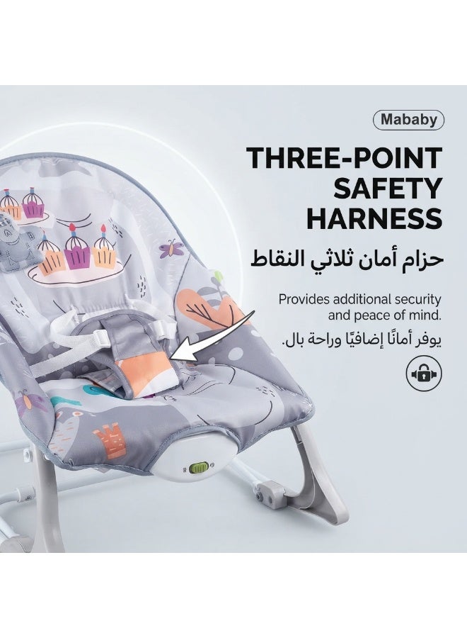 Mababy 3-in-1 Infant-to-Toddler Baby Rocking Chair and Bouncer, Newborn Rocker with Calming Vibrations, 8 Melodies, Removable Musical Toy Bar, 3-Point Safety Harness, Machine Washable Seat Pad (Grey) - Image 4