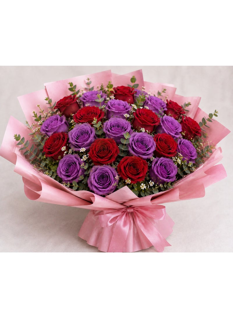 Fresh Flower Bouquet, 22 Premium Red & Purple Roses with Baby's Breath & Eucalyptus, Pink Wrapped