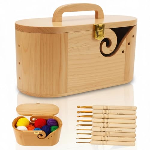 Sivlnian Portable Oval Wooden Yarn Bowl with Lid Lock Handle 9 Knitting Hooks Set Perfect Organizer for Threads Knitting Supplies - Image 1