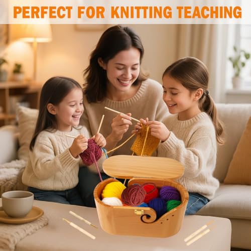 Sivlnian Portable Oval Wooden Yarn Bowl with Lid Lock Handle 9 Knitting Hooks Set Perfect Organizer for Threads Knitting Supplies - Image 3