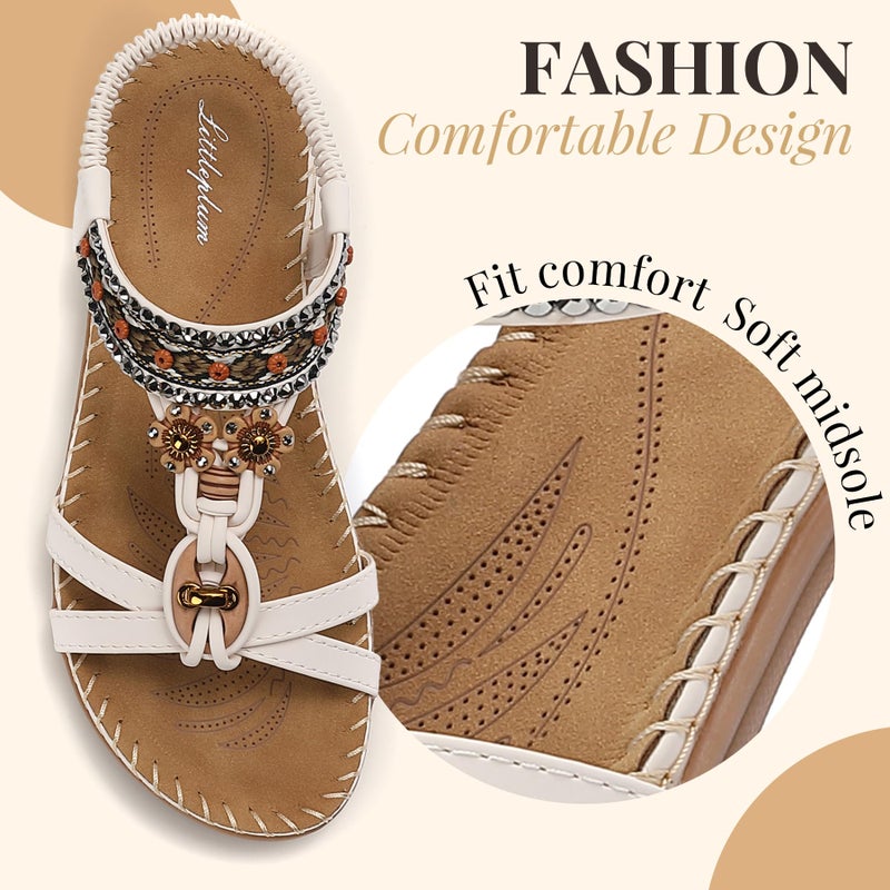Littleplum Sandals for Women Arch Support Handmade Sandals Women's Summer Beach Sandals Comfort Walking Shoes Bohemian Flip Flops Womens Sandals Cream White Size 8 - Image 5