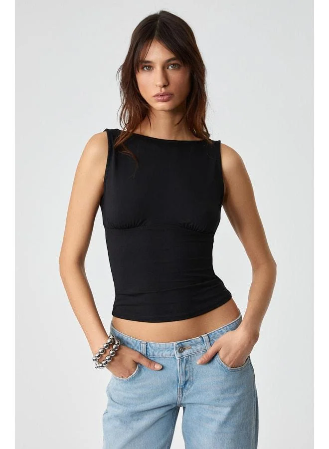 Grimelange TRESAS Women's Slim Strap-Neck Lined Thin Short Black Blouse