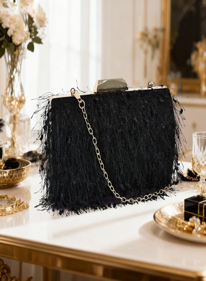 MAOFENG Women Tassels Tote Bag Fluffy Vintage Clutch Shoulder Crossbody Bag Evening Handbag for Meeting Party Dance Wedding,Black - Image 3