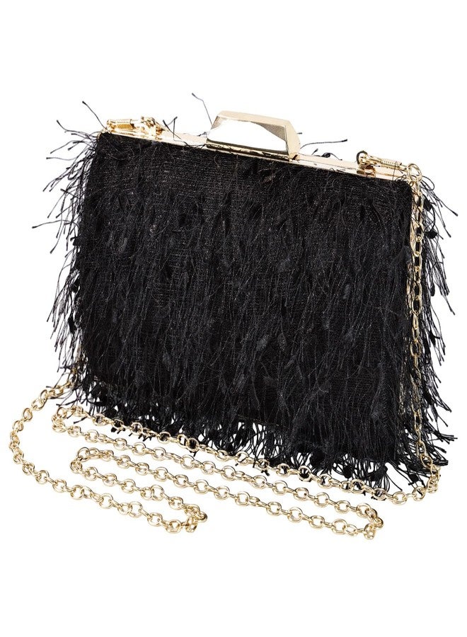 MAOFENG Women Tassels Tote Bag Fluffy Vintage Clutch Shoulder Crossbody Bag Evening Handbag for Meeting Party Dance Wedding,Black - Image 1