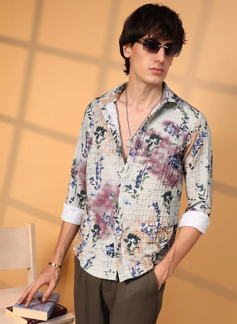 Campus Sutra Men's Multicolour Floral-Waffle Shirt