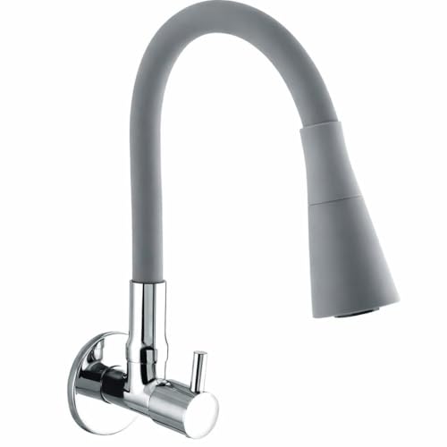 10X Sink Tap for Kitchen BL-9876 Flexible Neck Dual Flow Grey Color 2 Function Shower Flow/Foam Flow Wall Mount, Chrome - Image 1