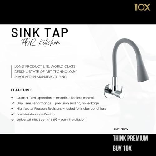 10X Sink Tap for Kitchen BL-9876 Flexible Neck Dual Flow Grey Color 2 Function Shower Flow/Foam Flow Wall Mount, Chrome - Image 2