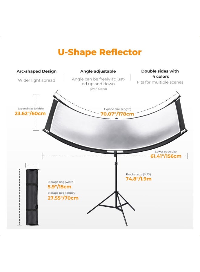WALALLA U-Shape Curved Reflector 180 × 60cm with 4-in-1 Reflective Fabric, Black/Gold/White/Silver, 1.9 m Light Stand & Storage Bag for Photography Studio Portrait Shooting - Image 2