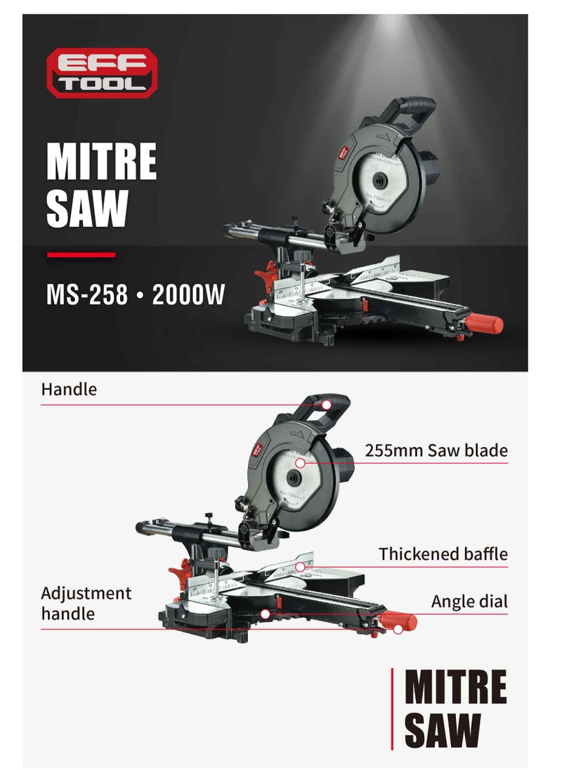 EFFTOOL Miter Saw Machine 45 Degree with Saw Blade 255mm, Accurate Miter Angles, 0-45° Bevel, Dust Bag, Speed 3200 Rpm. Sliding Compound Miter Saw for Cutting Wood, PVC, Soft Metal, Plastic & More.  - Image 3