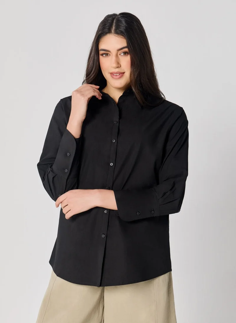 Zigzag Cotton Oversized Shirt- Black