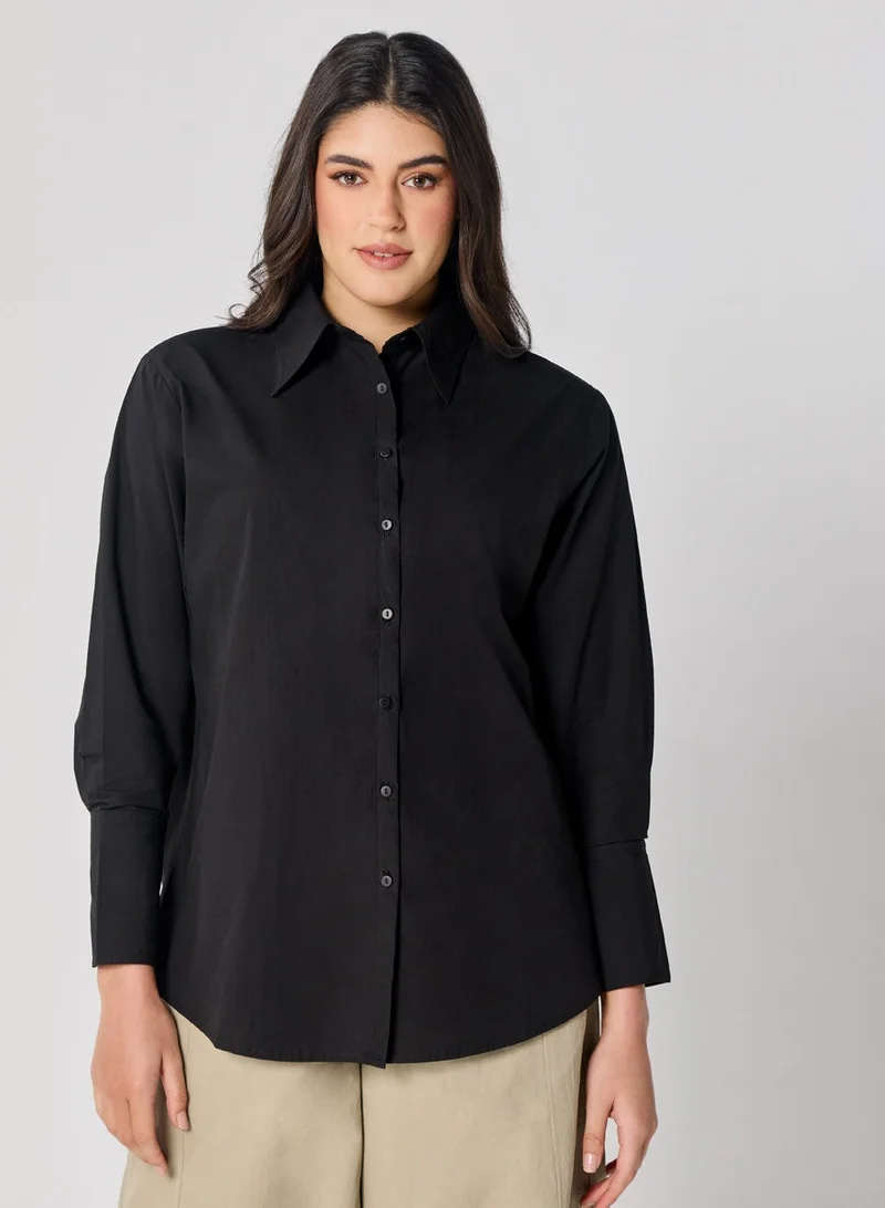 Zigzag Cotton Oversized Shirt- Black